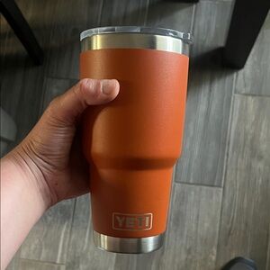 YETI Orange Tumbler with Silver Trim
